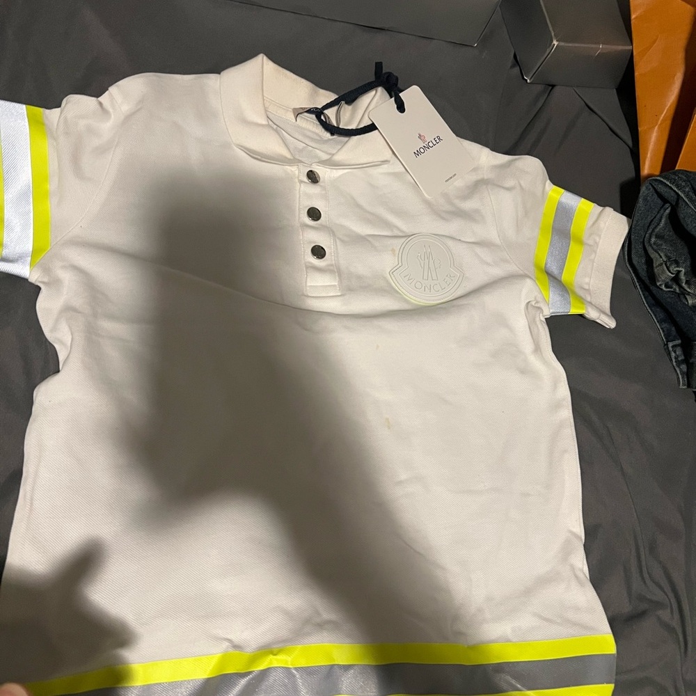 Moncler Kids White Polo with Neon Yellow Stripes